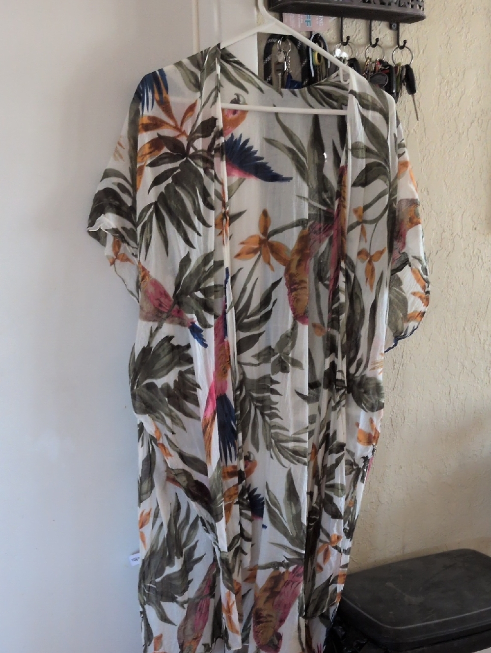 White Tropical Print Kimono Tunic with Green Leaf and Pink Accents
